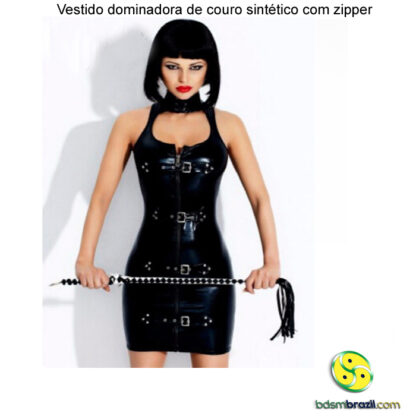 Vestido dominadora de couro sintético com zipper