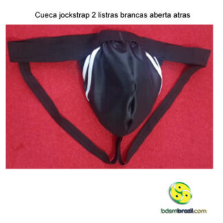 Cueca jockstrap 2 listras brancas aberta atras