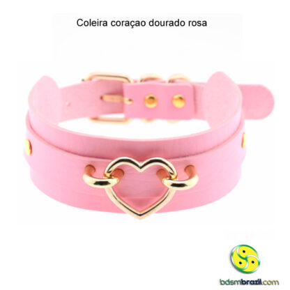 Coleira coraçao dourado rosa