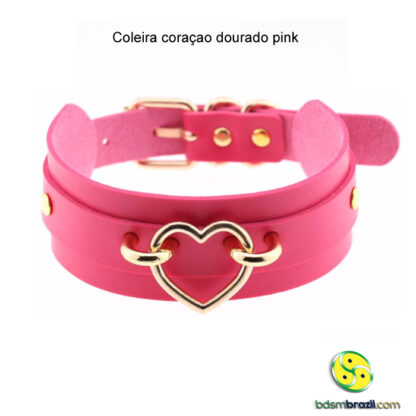 Coleira coraçao dourado pink