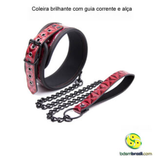 Coleira brilhante com guia corrente e alça