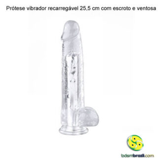 Prótese vibrador recarregável 25,5 cm com escroto e ventosa