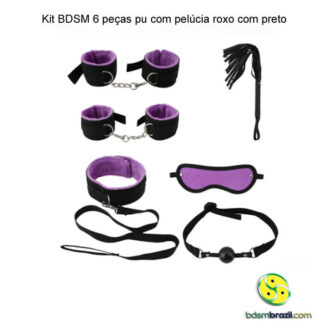 Kit BDSM 6 peças pu com pelúcia roxo com preto